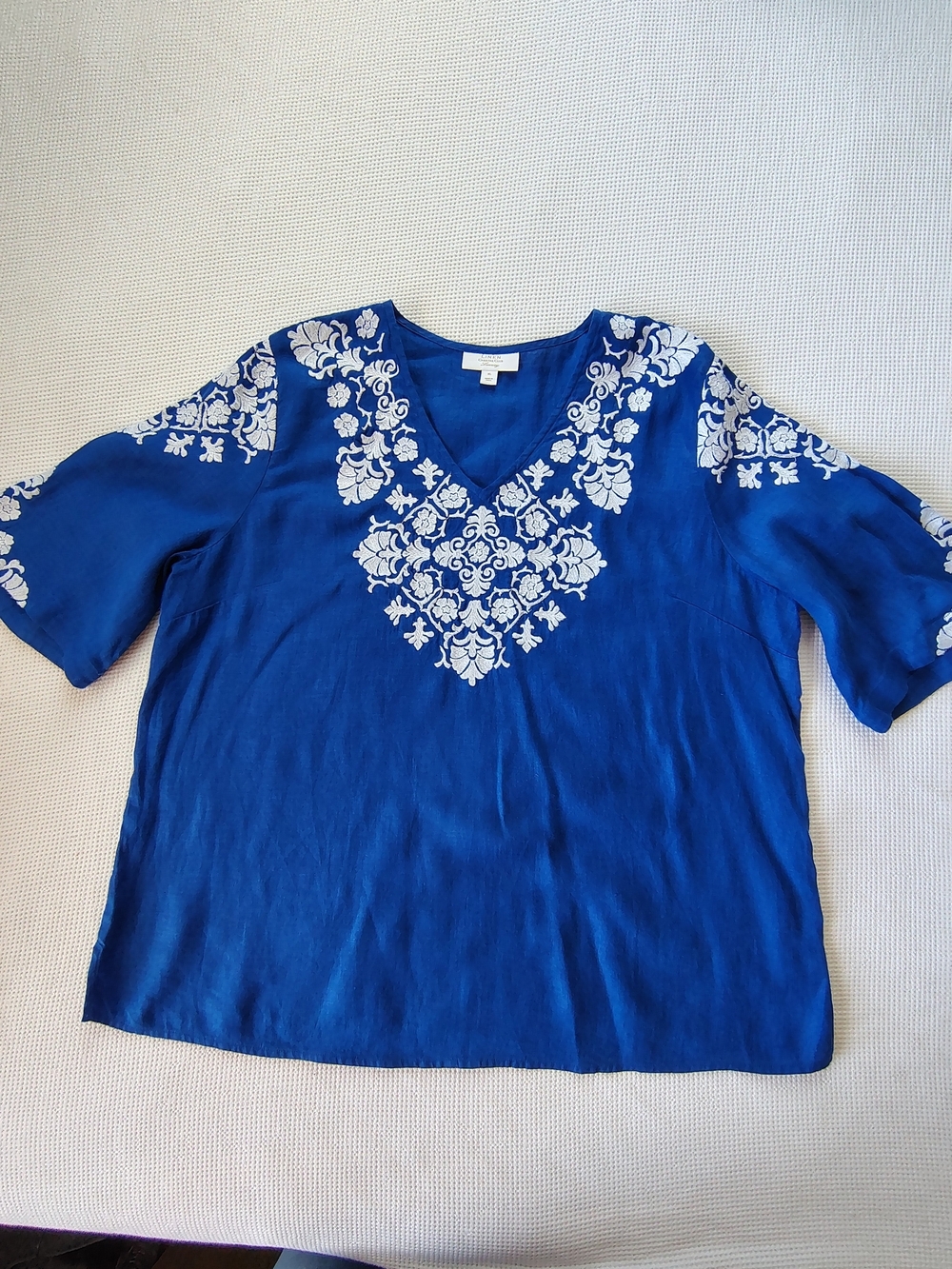 Charter Club Blue V-Neck Tunic with White Floral Embroidery